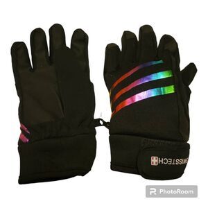 Swiss Tech Youth Water Resistant Black Ski Glove with Rainbow Foil Stripes, Rein